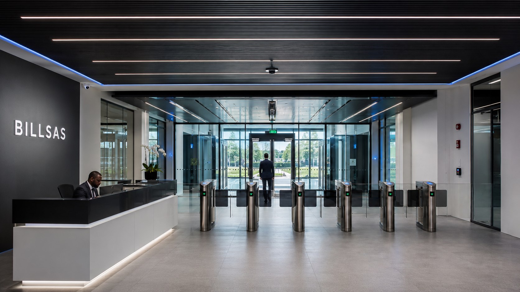 BILLSAS reception and lobby area inside a secure AI compute facility.