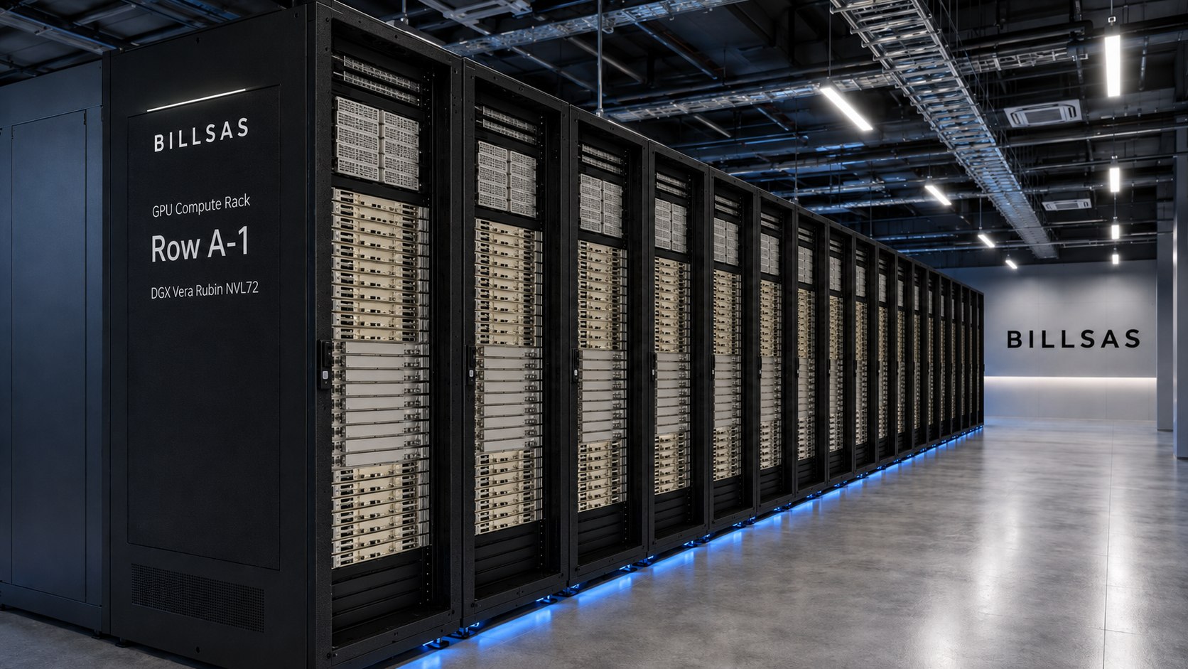BILLSAS GPU compute rack row inside a high-performance AI server room.