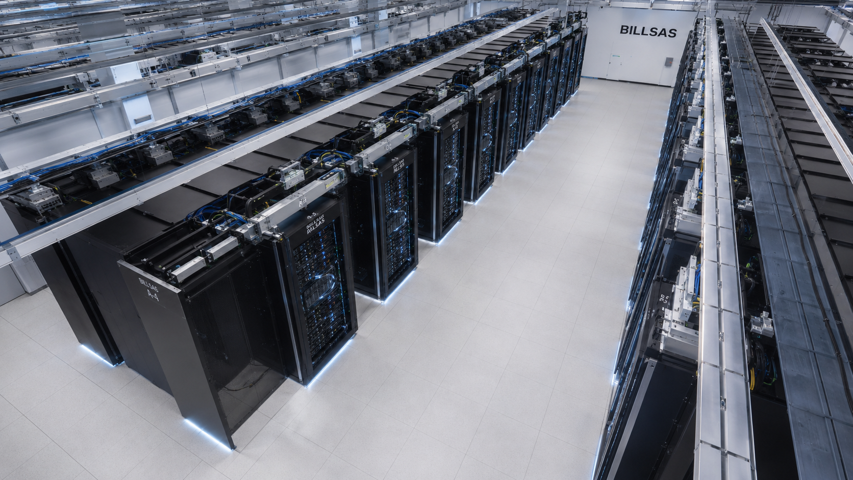 BILLSAS overhead view of high-density AI compute rack rows.