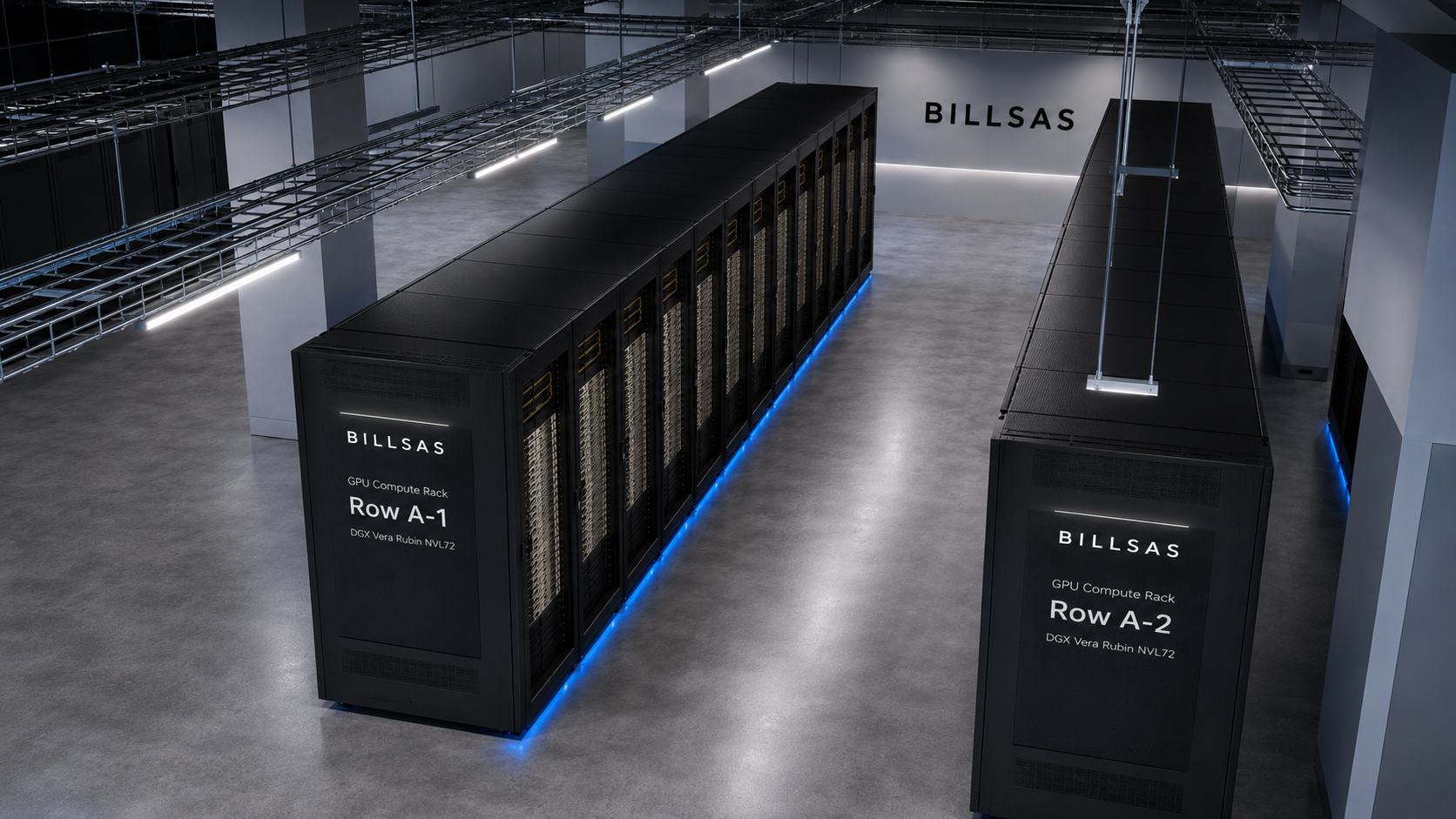 An overhead BILLSAS GPU compute rack layout inside the server hall.