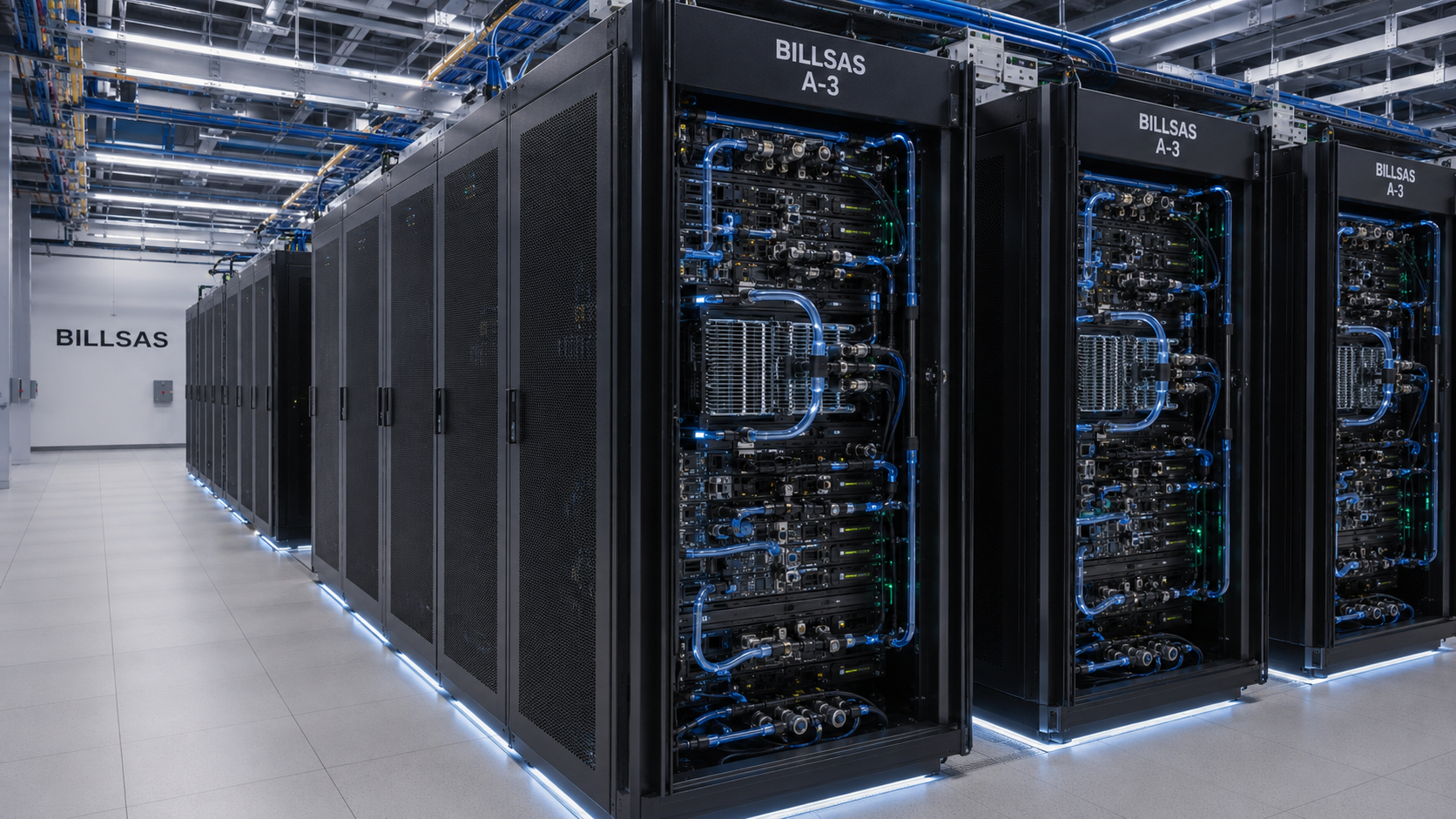 BILLSAS liquid-cooled GPU rack rows inside the AI compute floor.