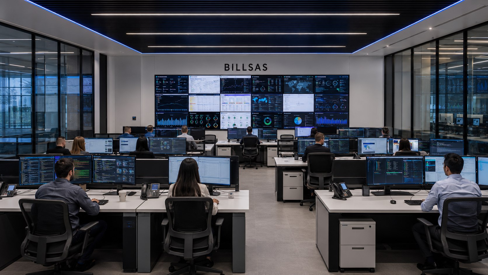 BILLSAS operations center with analysts reviewing compute and security dashboards.