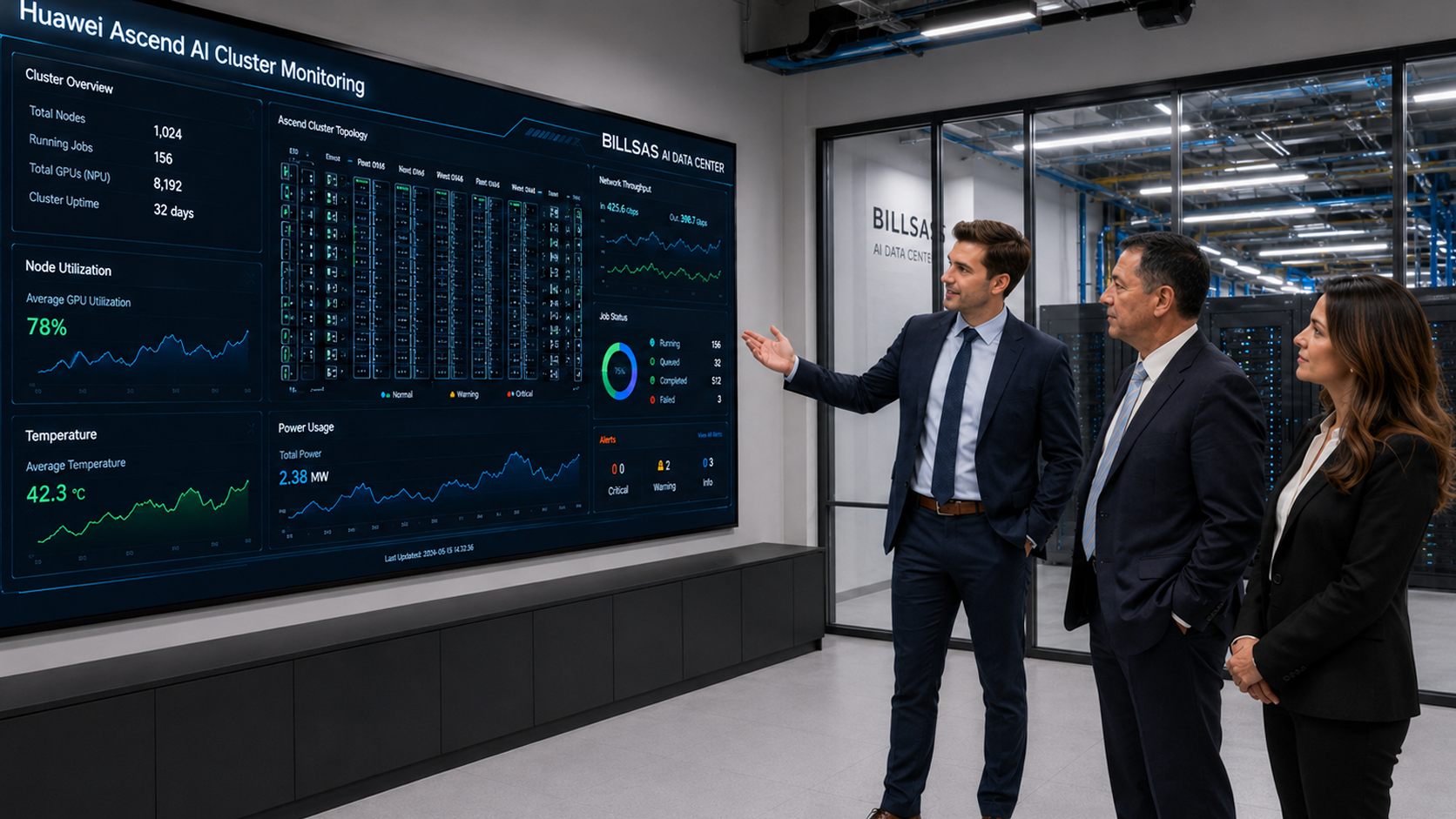 BILLSAS project team reviewing a Huawei Ascend cluster monitoring wall.