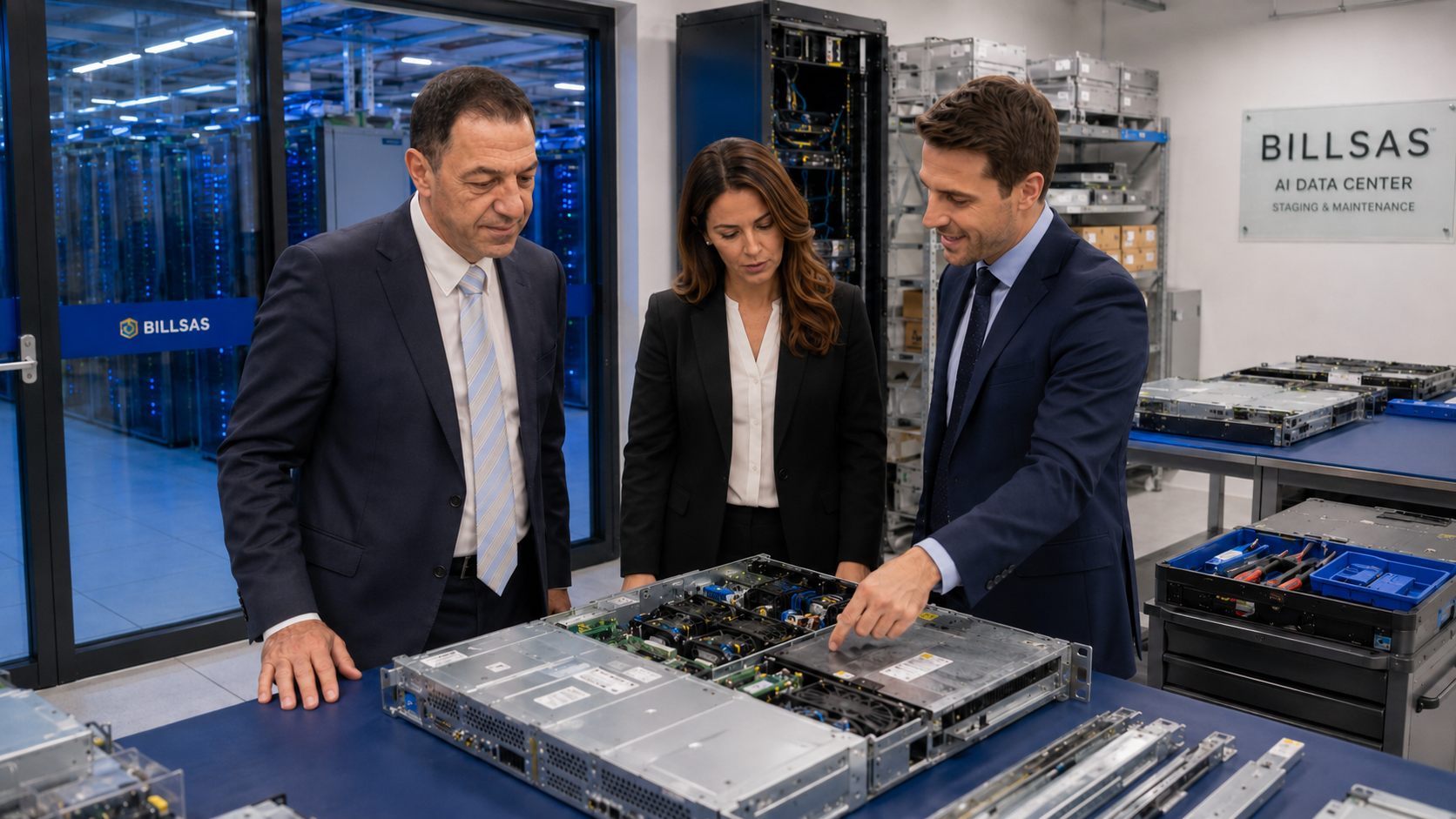 BILLSAS project team reviewing server hardware on a compute table.