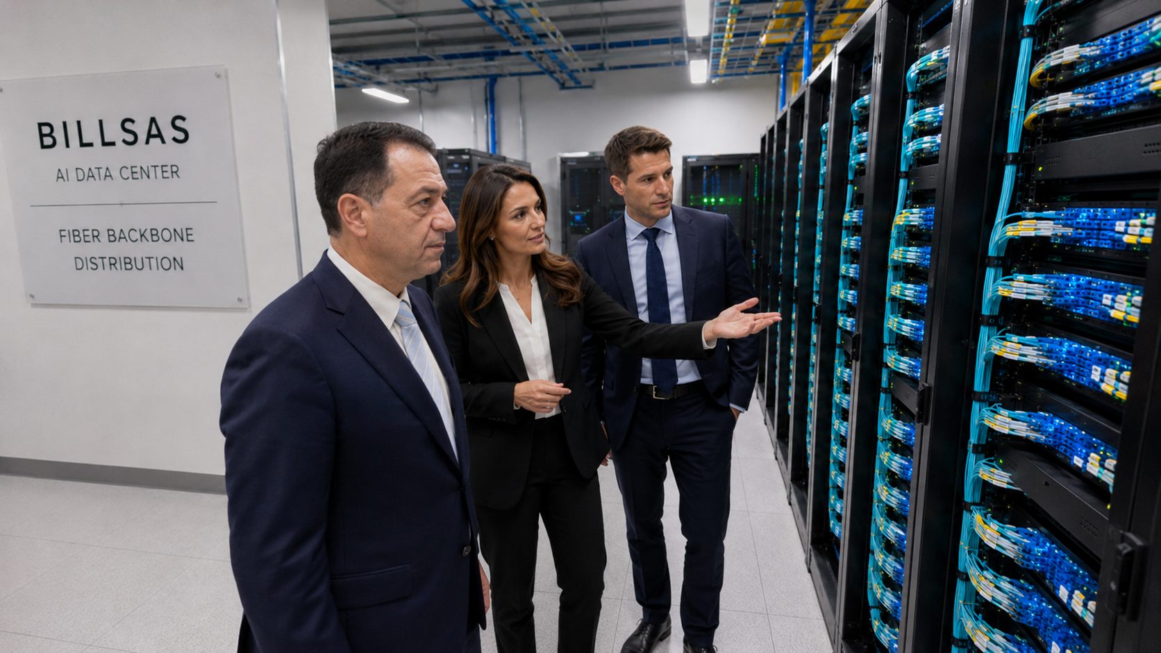 BILLSAS project team walking through a data center rack corridor.