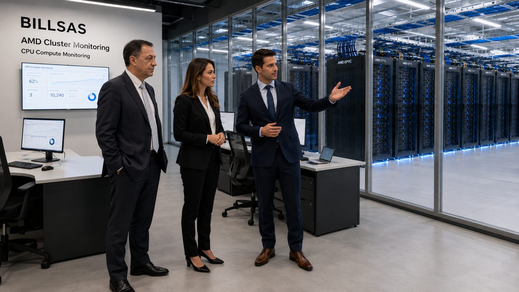 BILLSAS project team standing in an operations room with compute racks behind glass.