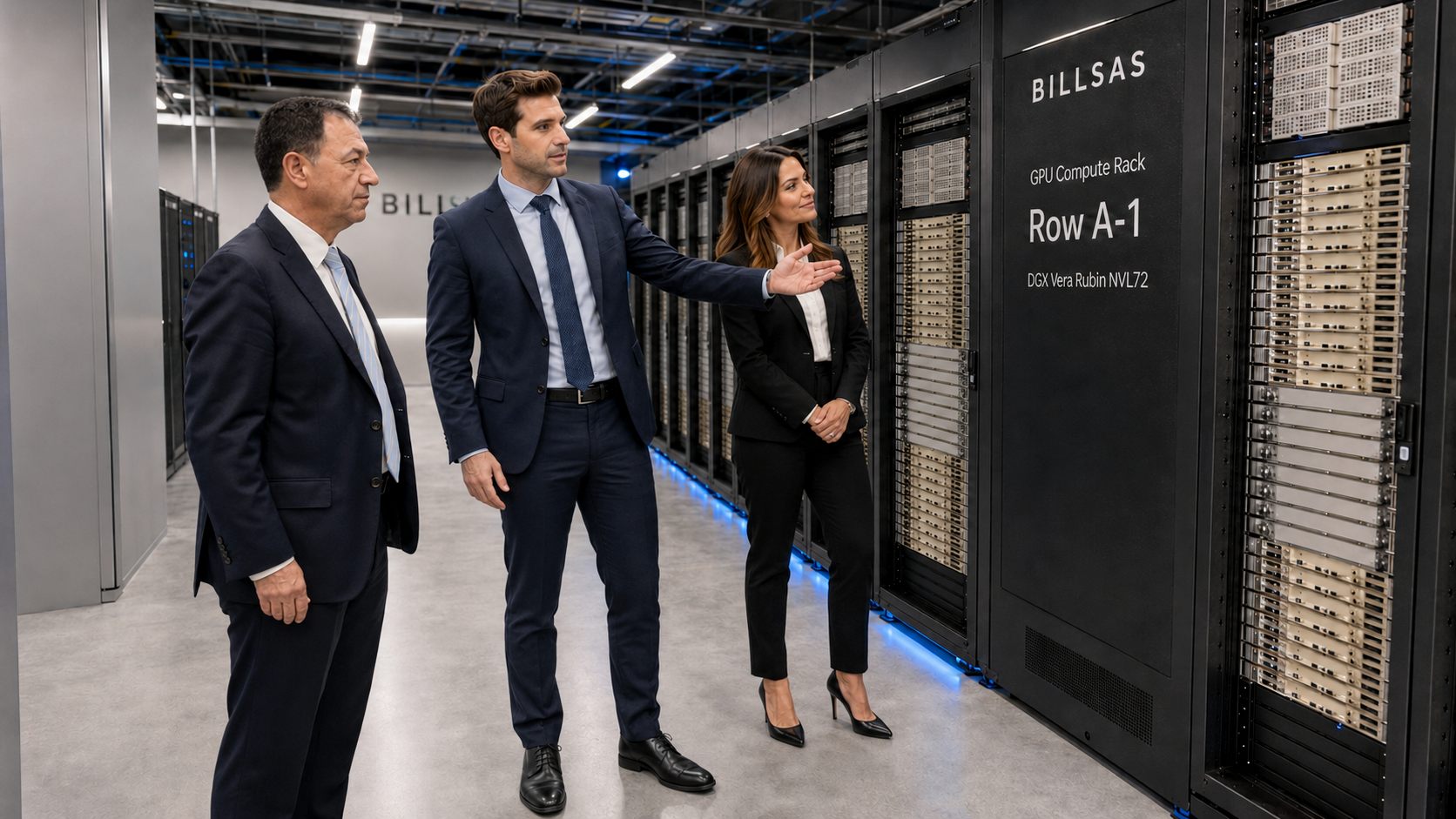 BILLSAS project team briefing beside a rack row inside the compute facility.