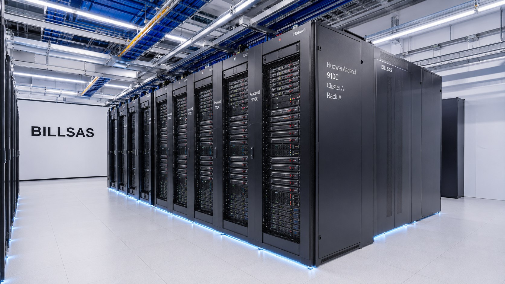 BILLSAS Huawei Ascend compute rack inside a multi-architecture AI infrastructure floor.